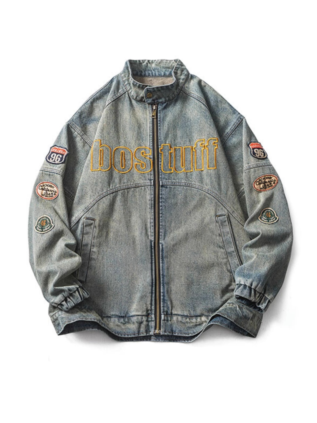 Washed grey stand-up collar denim jacket