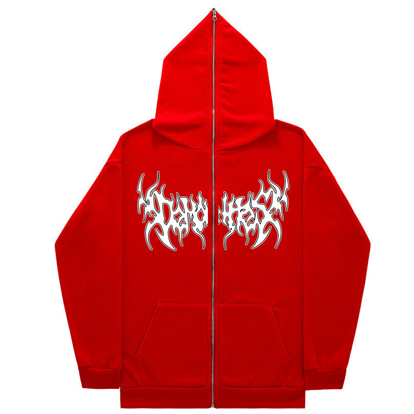 Printed Zip Hooded Sweatshirt Loose Fleece Jacket