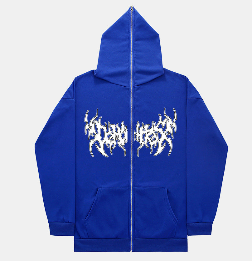 Printed Zip Hooded Sweatshirt Loose Fleece Jacket