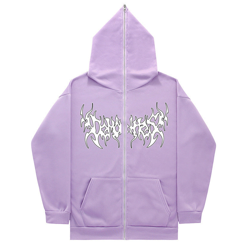 Printed Zip Hooded Sweatshirt Loose Fleece Jacket