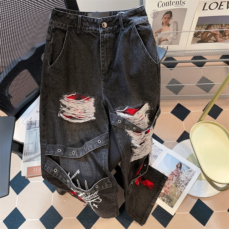 Punk Style Distressed Wide-Leg Denim Jeans