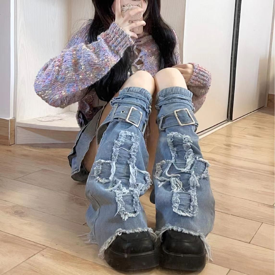 Y2K Denim Leg Cover with Cross Design