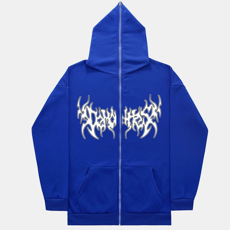 Printed Zip Hooded Sweatshirt Loose Fleece Jacket