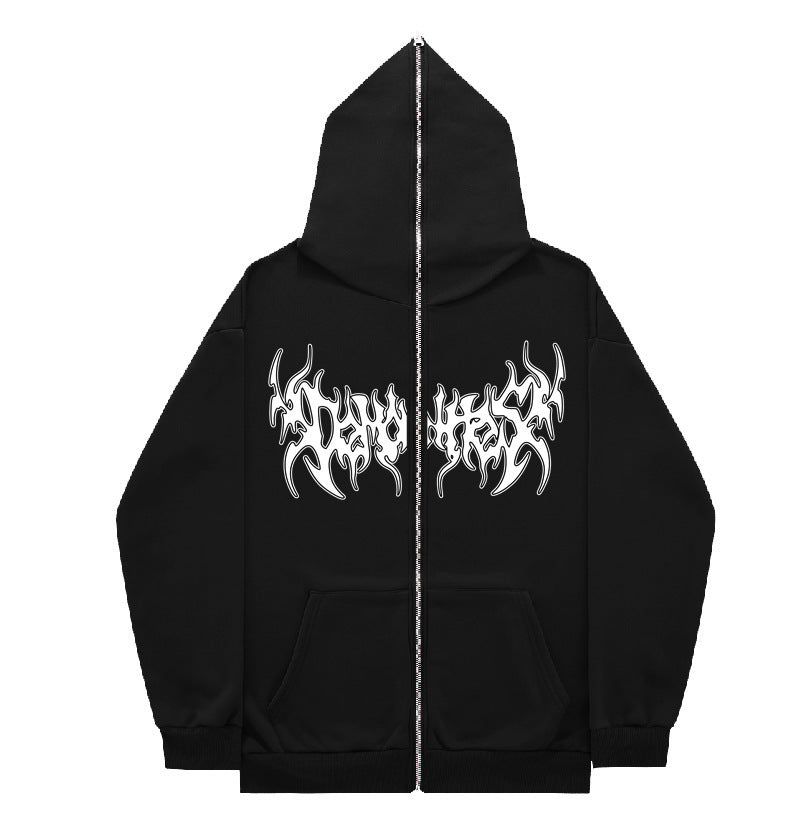 Printed Zip Hooded Sweatshirt Loose Fleece Jacket