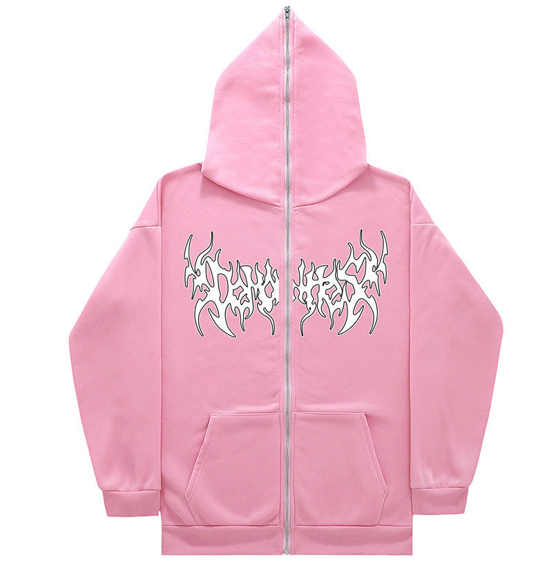 Printed Zip Hooded Sweatshirt Loose Fleece Jacket