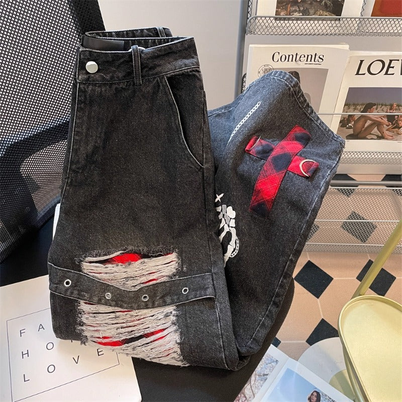 Punk Style Distressed Wide-Leg Denim Jeans