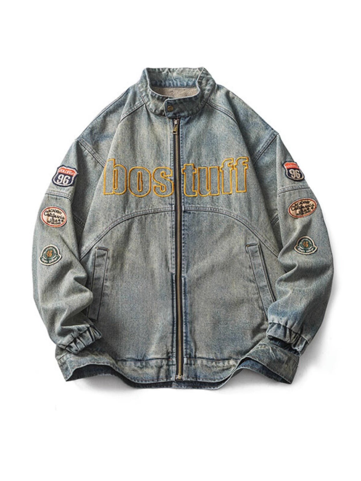 Washed grey stand-up collar denim jacket