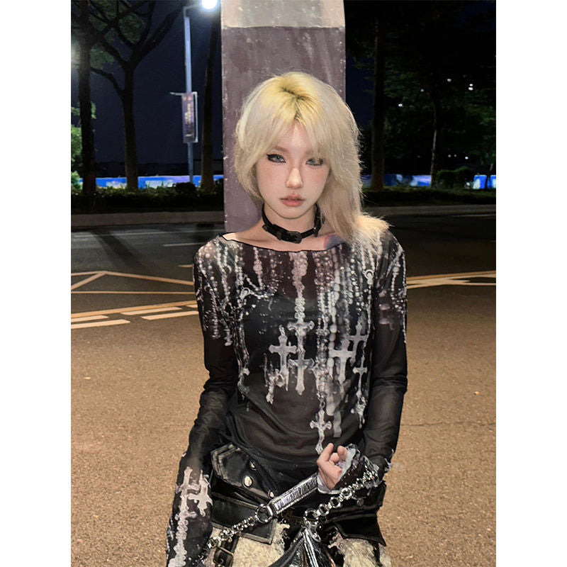 Y2K Punk Mesh Long Sleeve Printed T-Shirt for Women