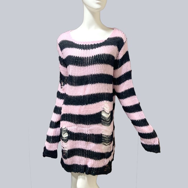 Striped Punk Distressed Long Knit Sweater ? Unisex Loose Fit Dark Style