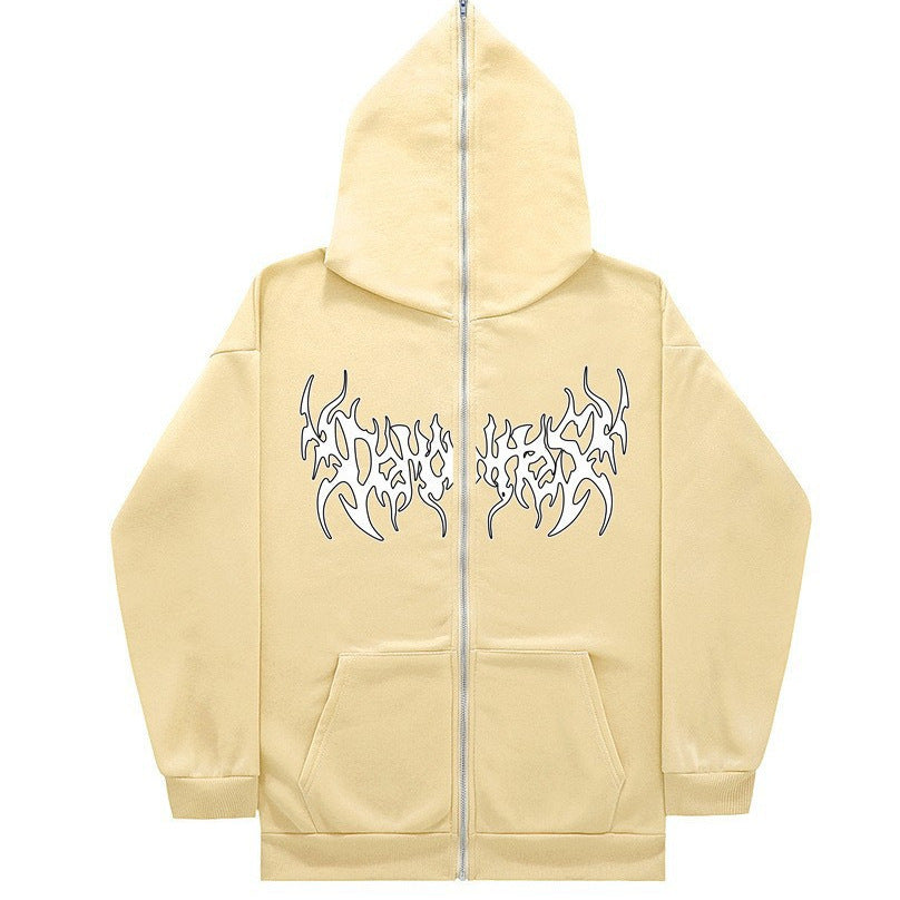 Printed Zip Hooded Sweatshirt Loose Fleece Jacket