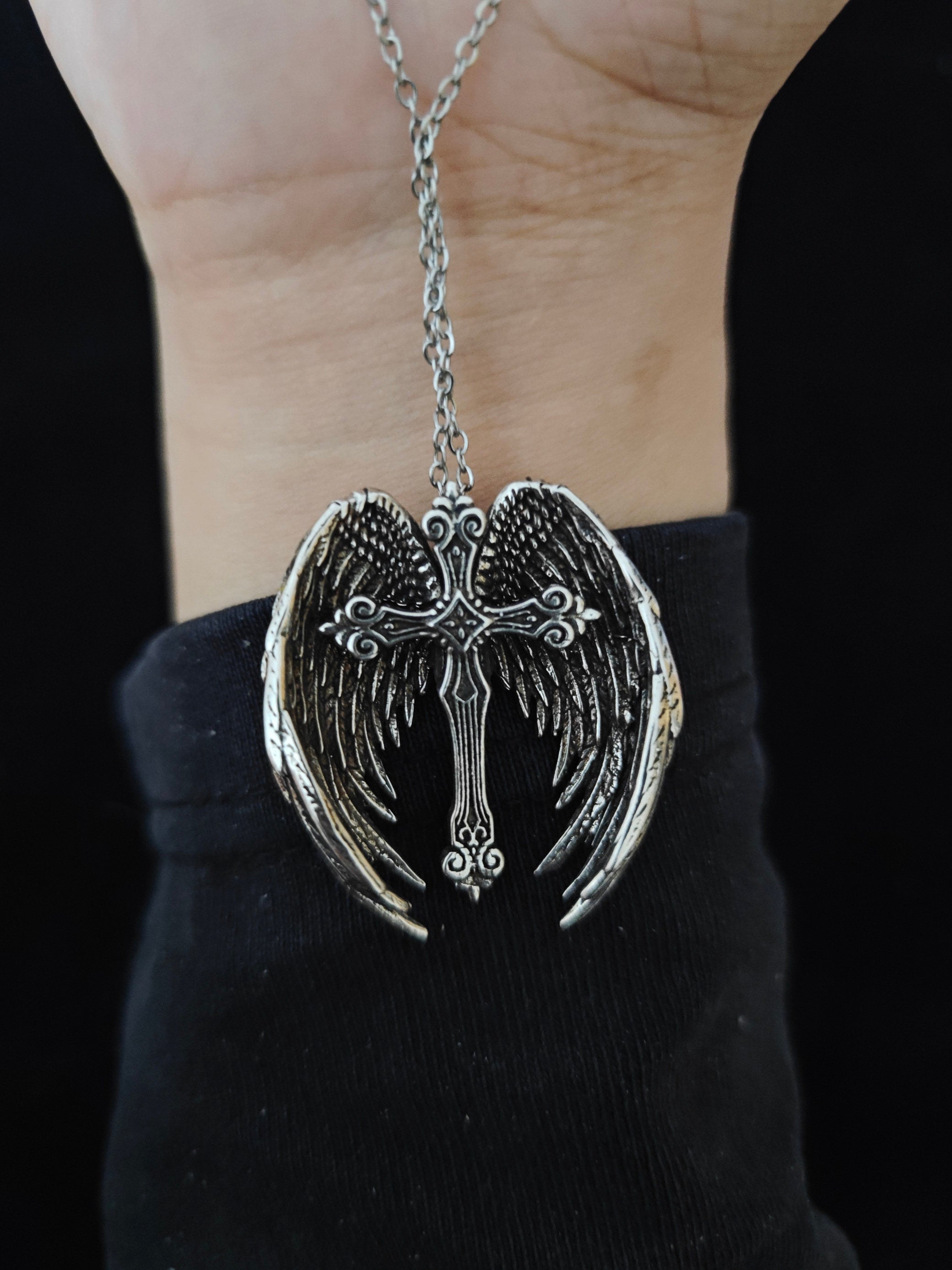 Gothic Angel Cross Necklace Vintage Distressed Pendant