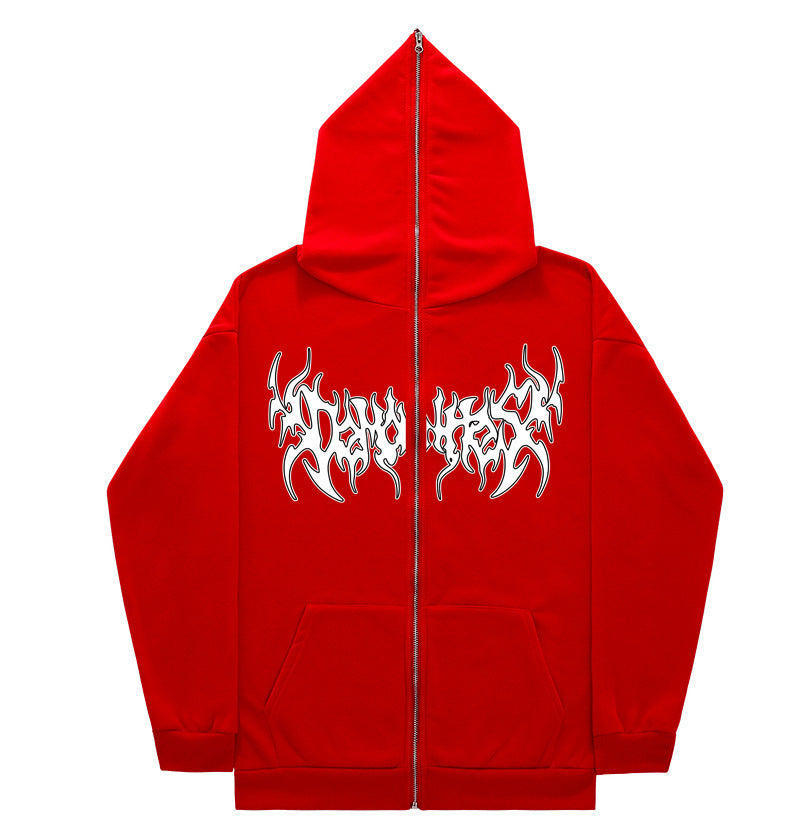 Printed Zip Hooded Sweatshirt Loose Fleece Jacket