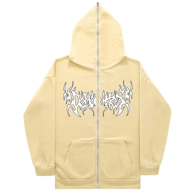 Printed Zip Hooded Sweatshirt Loose Fleece Jacket