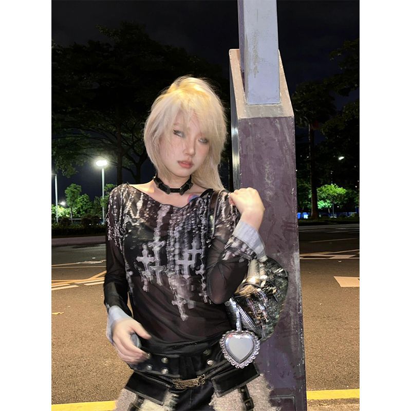 Y2K Punk Mesh Long Sleeve Printed T-Shirt for Women